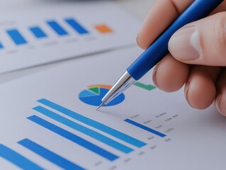 Hand holding pen over financial graphs and charts, office analysis and strategy planning.