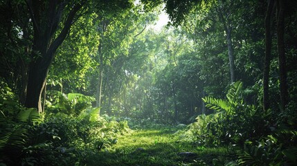 Obraz premium A Sunlit Path Through a Lush Green Forest