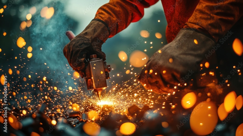 Poster worker using a cutting torch on a metal surface, sparks flying