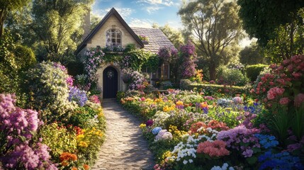 Naklejka premium A charming cottage nestled in a vibrant, blooming garden.