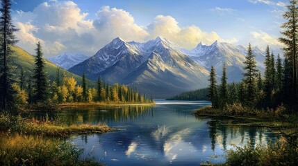 Breathtaking landscape with mountains and a serene lake, offering a peaceful nature scene.