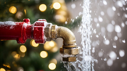Burst pipe spraying water, symbolizing urgent plumbing repairs concept