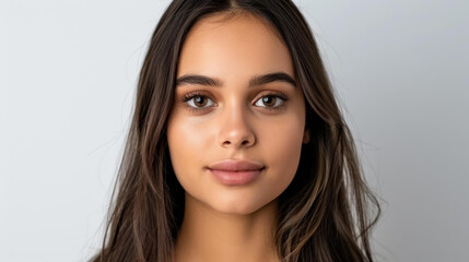 Fototapeta premium Stunning woman with flawless skin and lustrous hair against a soft grey backdrop, radiating natural beauty.