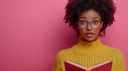 A young woman in a bright yellow sweater gleefully holds a book, showcasing her enthusiasm for learning against a vibrant pink backdrop.