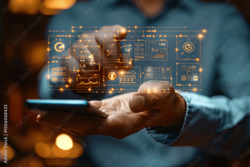 Poster businessman using smartphone with invoice icons on virtual screen for digital financial overview and