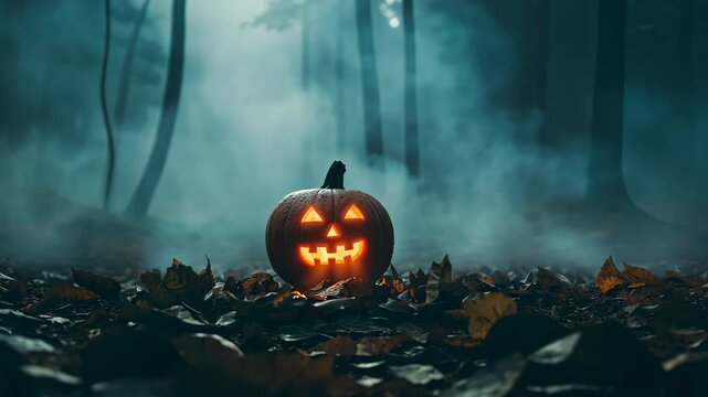 Glowing Jack-O'-Lantern in Mysterious Foggy Forest at Night for Halloween, Spooky Atmosphere, Creepy Pumpkin, Dark Woods, Seasonal Decoration, Eerie Fall Evening