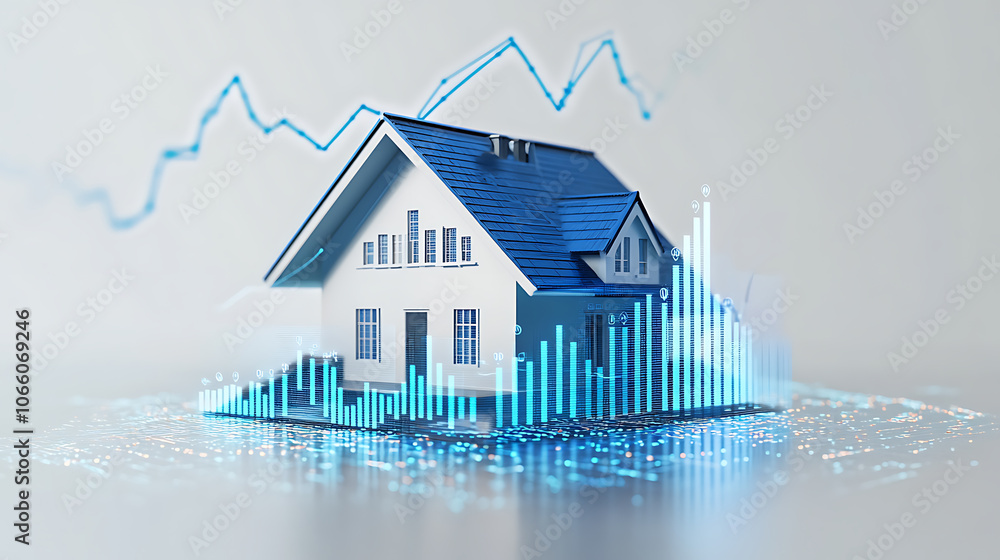 Leinwandbilder An upward-trending graph with arrows pointing upwards, showing a rising real estate market The background is white and blue, with digital stock chart data displayed Generative AI