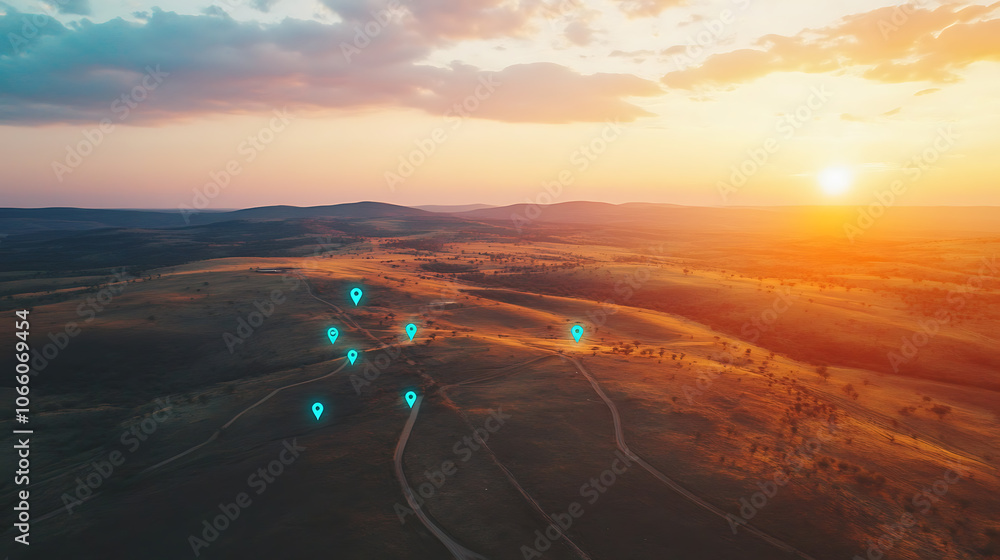 Poster Aerial view of land with network markers representing land development planning and connectivity