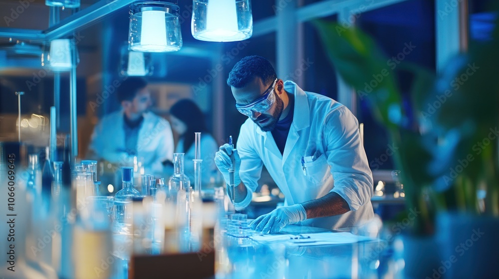 Poster Scientist in Lab Coat Working with Pipette and Beaker