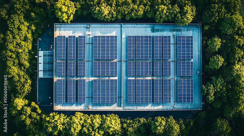 Poster aerial view of a large-scale data center powered by sustainable energy with solar panels on the roof