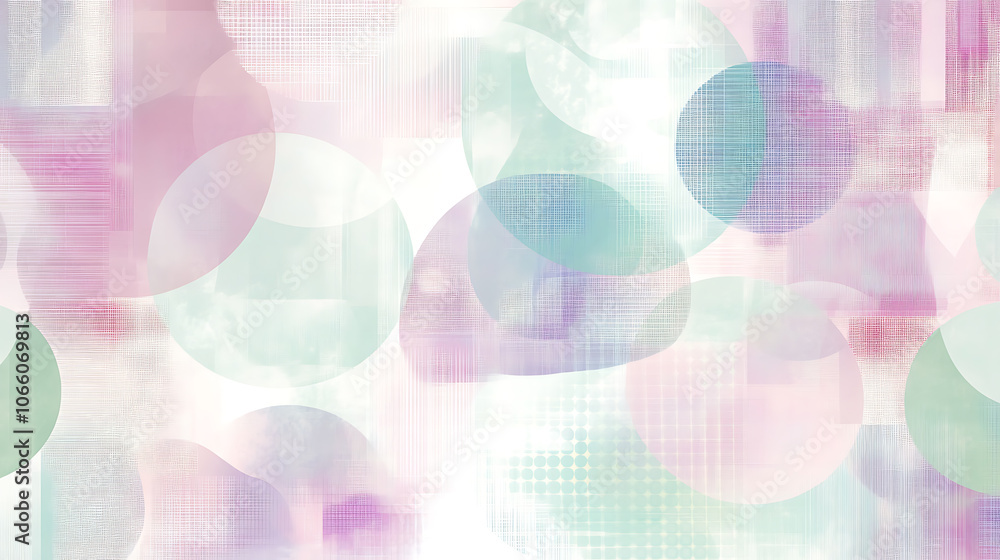 Poster abstract pastel pink, purple, and mint green geometric background with soft shapes, dots, and circle