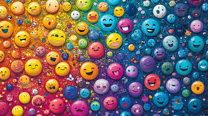 A vibrant mosaic of colorful emojis showcasing diverse emotions and expressions, symbolizing joy, unity, and creativity