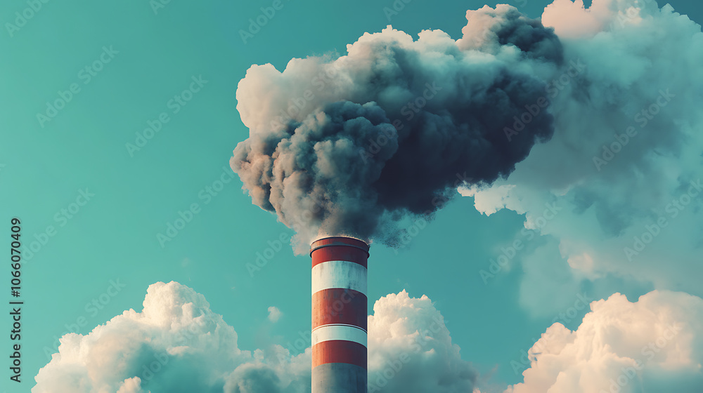 Poster a smokestack with white and red stripes spits out large clouds of thick, dark gray smoke against the