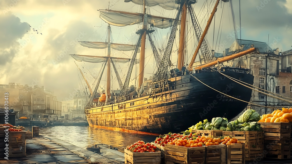 Poster a ship docked at a port with crates of fresh vegetables, symbolizing global food distribution
