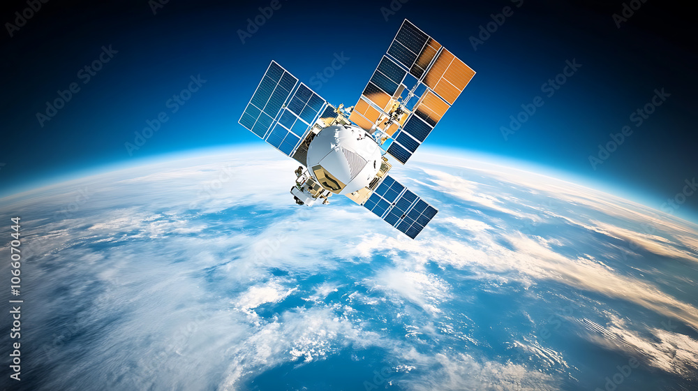 Poster a satellite orbiting earth, symbolizing global communication and data transmission