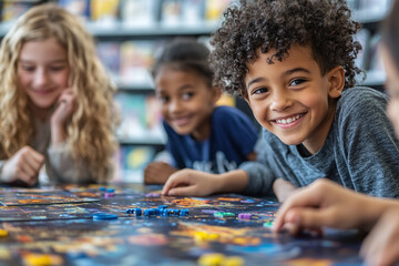 a space themed board game being played by kids at a library.