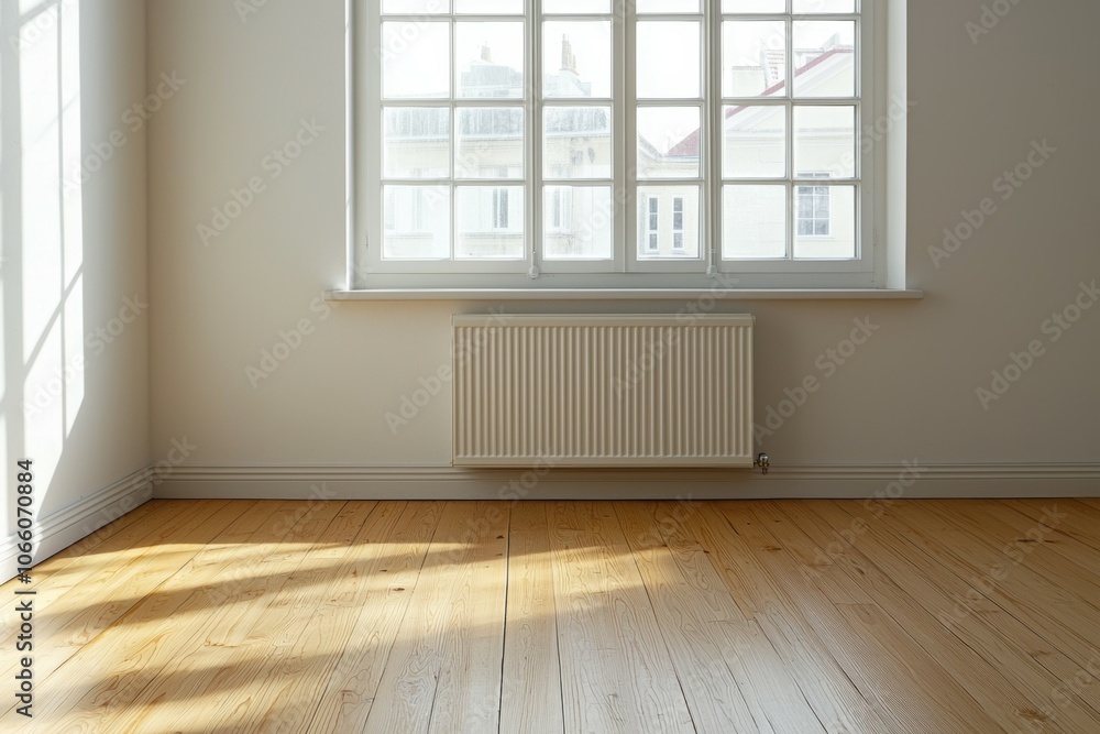 Poster a large window in a room with a radiator in front of it