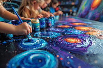 a space themed art project with kids painting galaxies on a canvas.