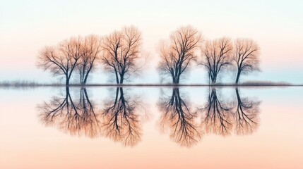 Lake reflection scenery showing trees mirrored perfectly on the waters calm surface.