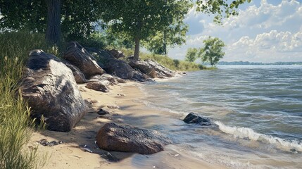 Fototapeta premium Lake shoreline view with a sandy beach and gentle waves lapping against the rocks.