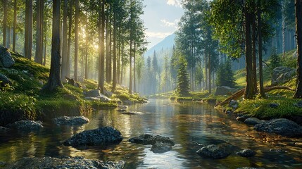 A Tranquil Stream Flowing Through a Sun-Dappled Forest