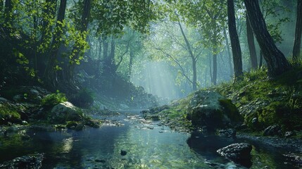 Obraz premium Sunbeams Shining Through a Lush Forest Canopy Over a Winding Stream