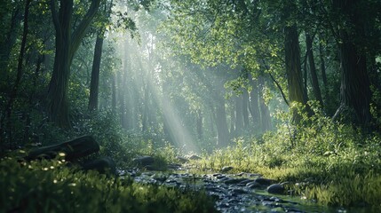 Obraz premium Sunbeams illuminating a tranquil forest stream