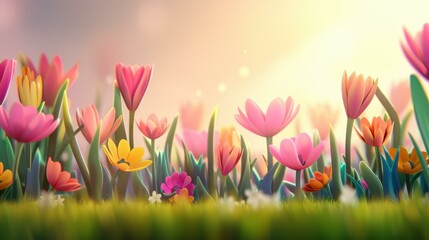 Bright and vibrant spring wildflowers dance in the sunlight, creating a stunning abstract backdrop that captures natures beauty.