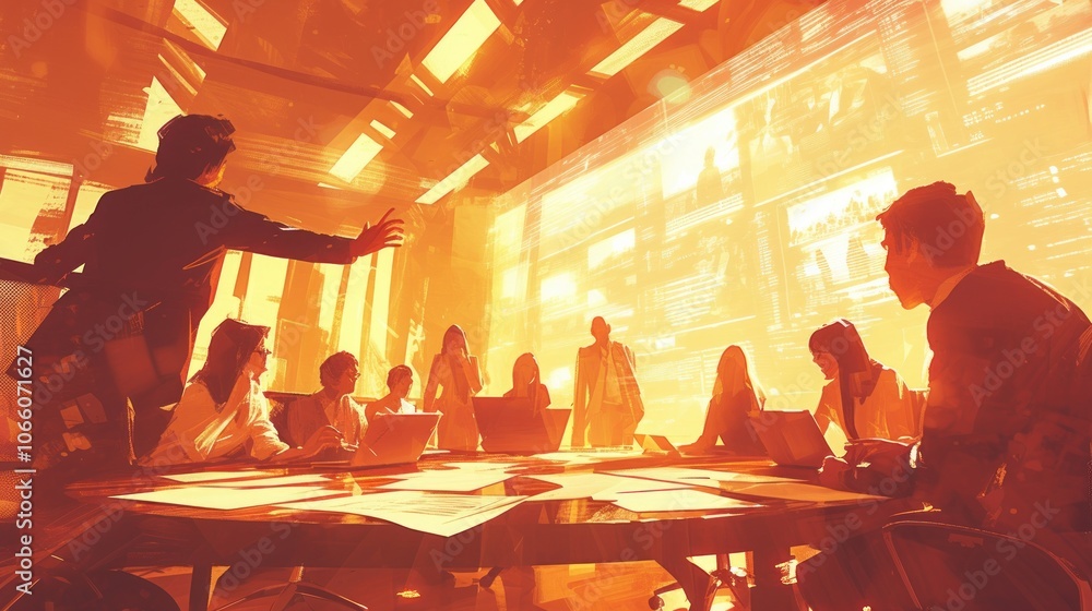 Poster a group of businesspeople are gathered around a table in a conference room. the room is brightly lit