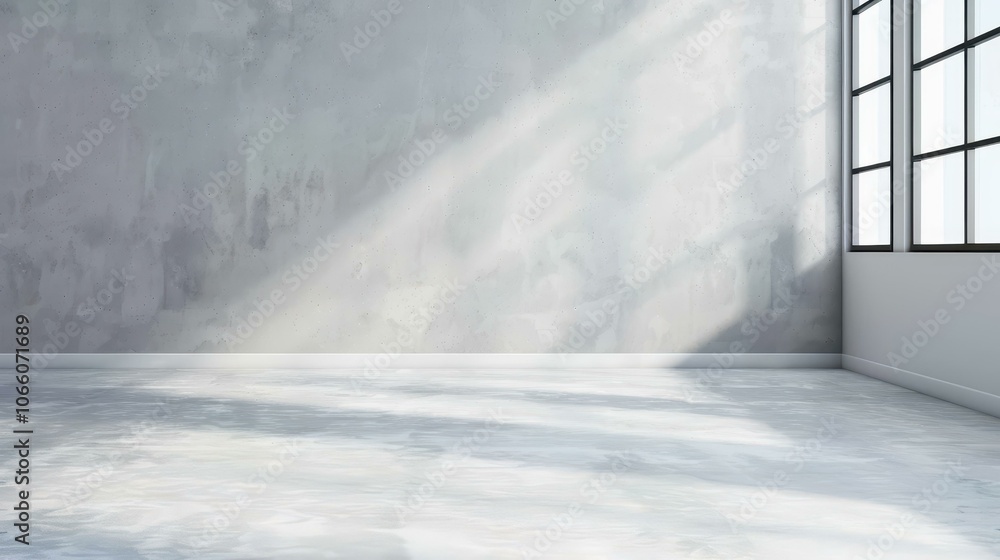 Poster a minimalistic empty room with bare concrete walls bathed in soft sunlight streaming through a windo