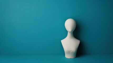 A  white mannequin head stands out against a calming blue backdrop, perfect for showcasing fashion ideas.