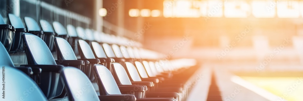 Poster rows of empty plastic seats stretch into the distance in a brightly sunlit stadium, creating a sense