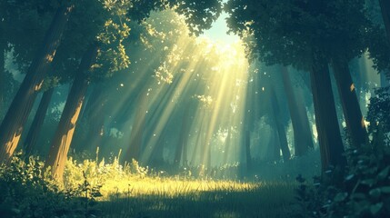 Magical forest with rays of sunlight peeking through dense trees, casting a warm glow.