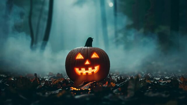 Glowing Jack-O'-Lantern in Mysterious Foggy Forest at Night for Halloween, Spooky Atmosphere, Creepy Pumpkin, Dark Woods, Seasonal Decoration, Eerie Fall Evening