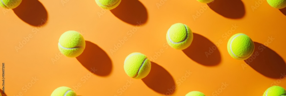 Poster Multiple tennis balls are arranged on an orange surface, casting dynamic shadows that create a visually striking pattern