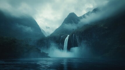 Fototapeta premium Misty Waterfall cascading down a cliff face in a lush green valley