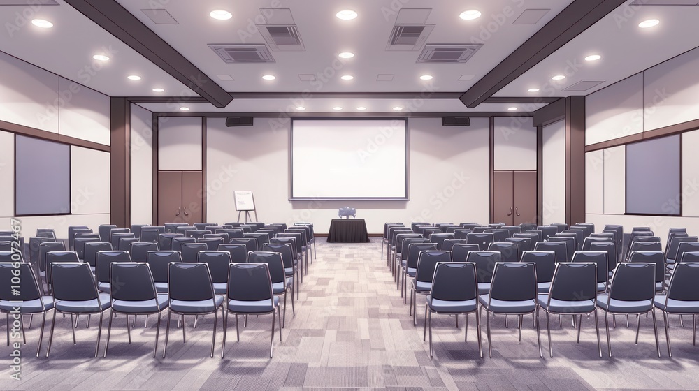 Poster an empty conference room with rows of chairs facing a large screen and a table with a microphone.