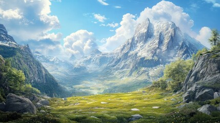 Mountain landscape surrounded by blue skies, a peaceful retreat in nature.