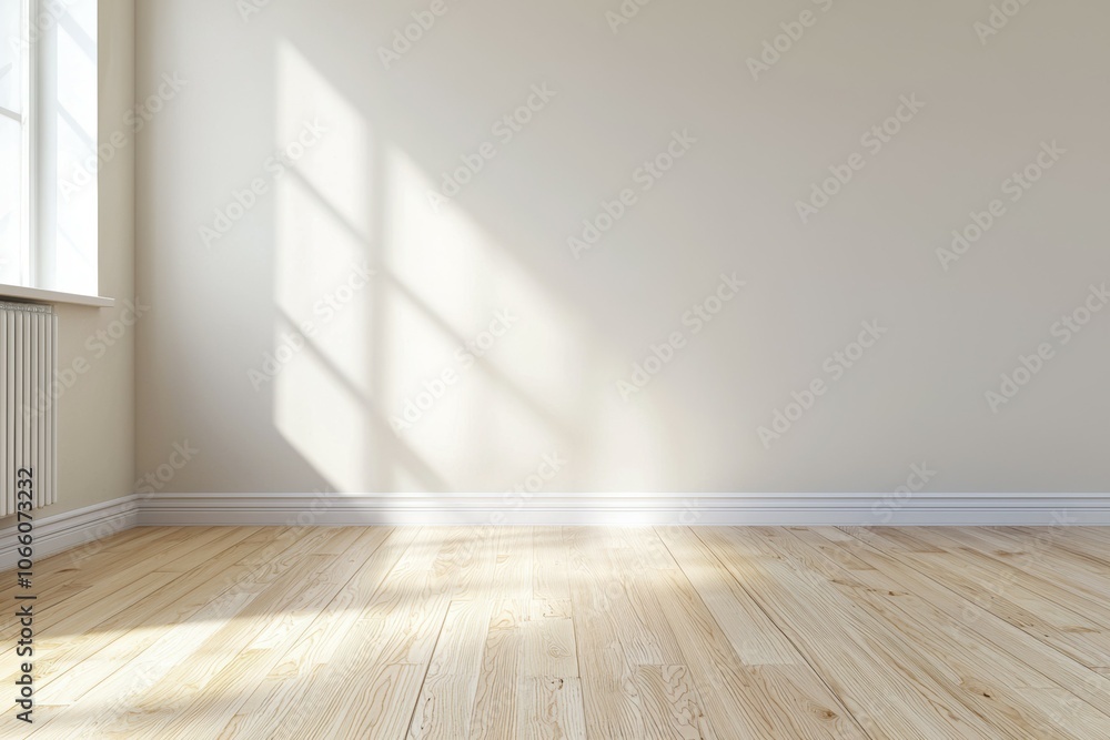 Poster a large empty room with a window and a radiator