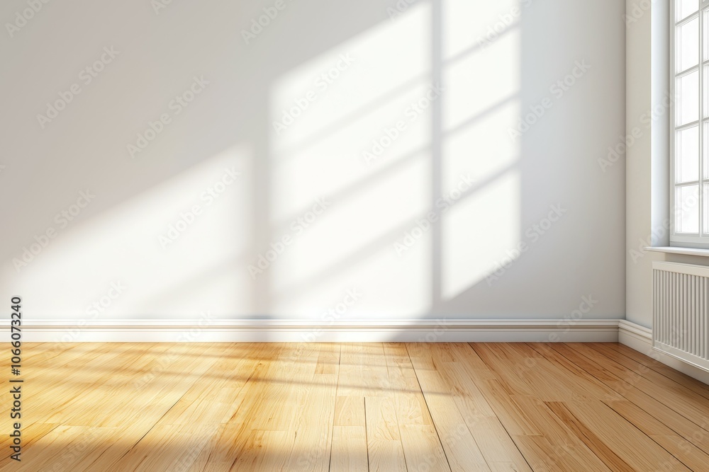 Poster a large empty room with a window and a wooden floor