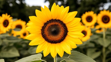 Obraz premium sunflower field in bloom with blue sky background.