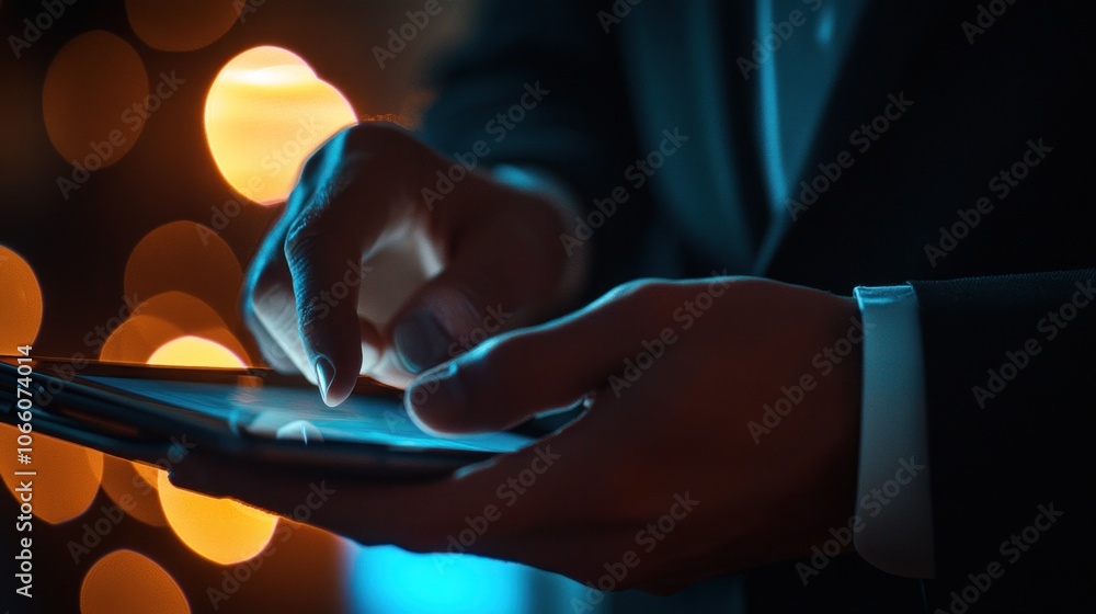 Poster Man's Hand Interacting with a Tablet in a Dark Setting with Bokeh Lights