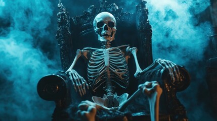 Fototapeta premium A Skeleton Sitting on an Ornate Throne in a Smoky Setting