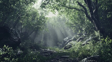 Fototapeta premium Sunbeams Filtering Through Lush Foliage in a Misty Forest
