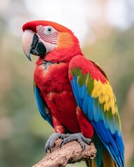 Obraz premium close-up of a colorful parrot with vibrant feathers in blue, green and yellow, perched on a tropical branch in the jungle.