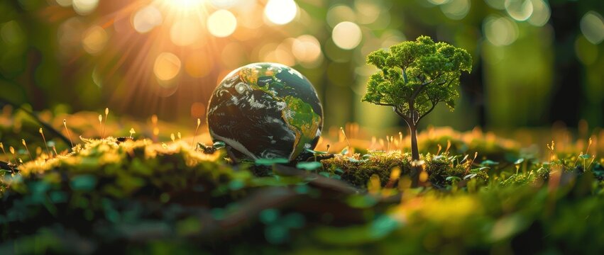 Tiny Green Planet with Lush Forest and Mossy Ground, Blurred Sunlight Through Trees