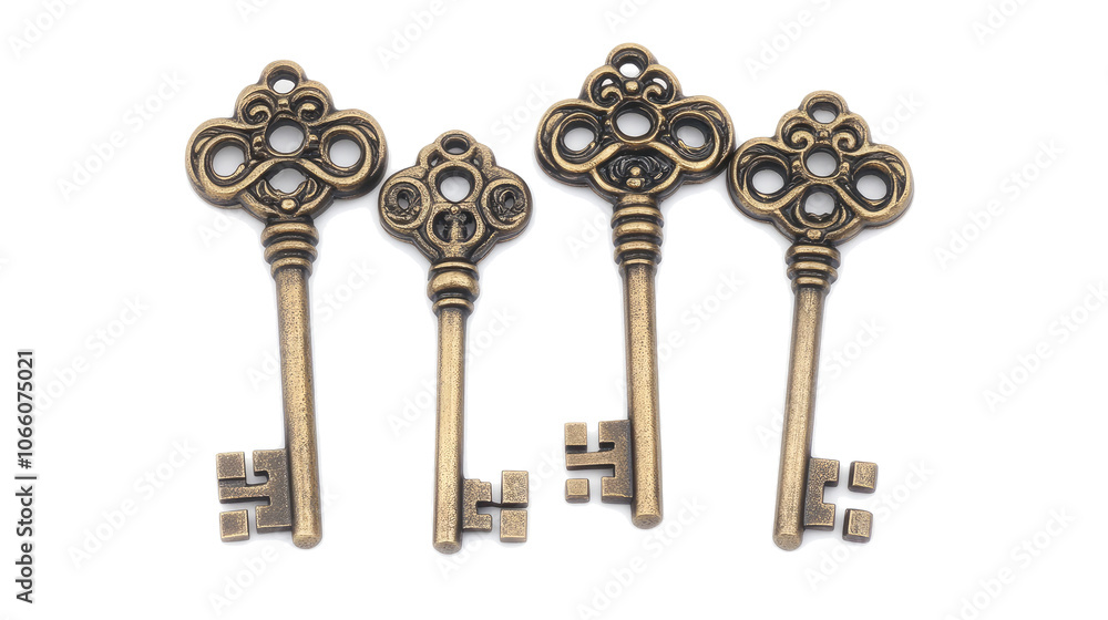 Poster set of assorted vintage ornate brass keys on a transparent background generative ai