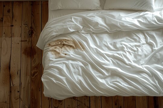 Infestation of Bedbugs on White Sheets in Modern Bedroom