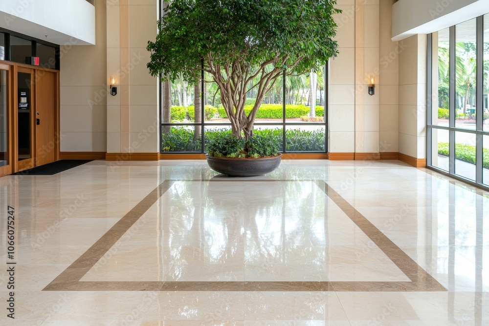 Poster a large tree is in the middle of a large room with a white floor