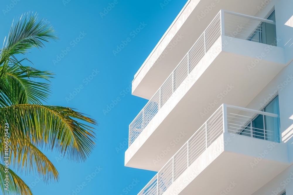 Poster a white building with a balcony and a palm tree in front of it